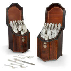 A GEORGE III SILVER PART TABLE SERVICE IN A PAIR OF GEORGE III TULIPWOOD-CROSSBANDED FIGURED MAHOGANY KNIFE OR CUTLERY BOXES