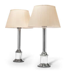 A PAIR OF SILVERED-METAL LARGE TABLE LAMPS