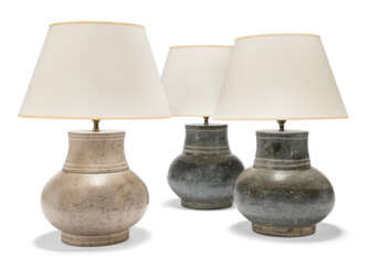 THREE PURBECK STONE &#39;JURASSIC&#39; TABLE LAMPS