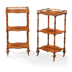 A PAIR OF VICTORIAN BRAZILIAN ROSEWOOD THREE-TIER ETAGERES