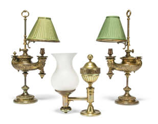 A PAIR OF GERMAN GILT-BRASS ADJUSTABLE OIL LAMPS