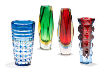 A GROUP OF FOUR COLOURED GLASS VASES