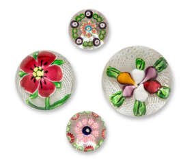 TWO CLICHY MINIATURE CONCENTRIC MILLEFIORI WEIGHTS, A SAINT LOUIS PELARGONIUM WEIGHT AND A SAINT LOUIS VEGETABLE WEIGHT