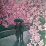 Прогулка под дождём в весеннем парке Холст на картоне Импресионизм Городской пейзаж Турция 2023 г. - фото 1