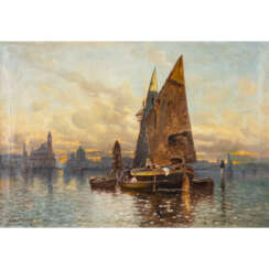 LUBICH, FERNAND (XIX-XX) "Sailors in the Venice Lagoon at Dusk".