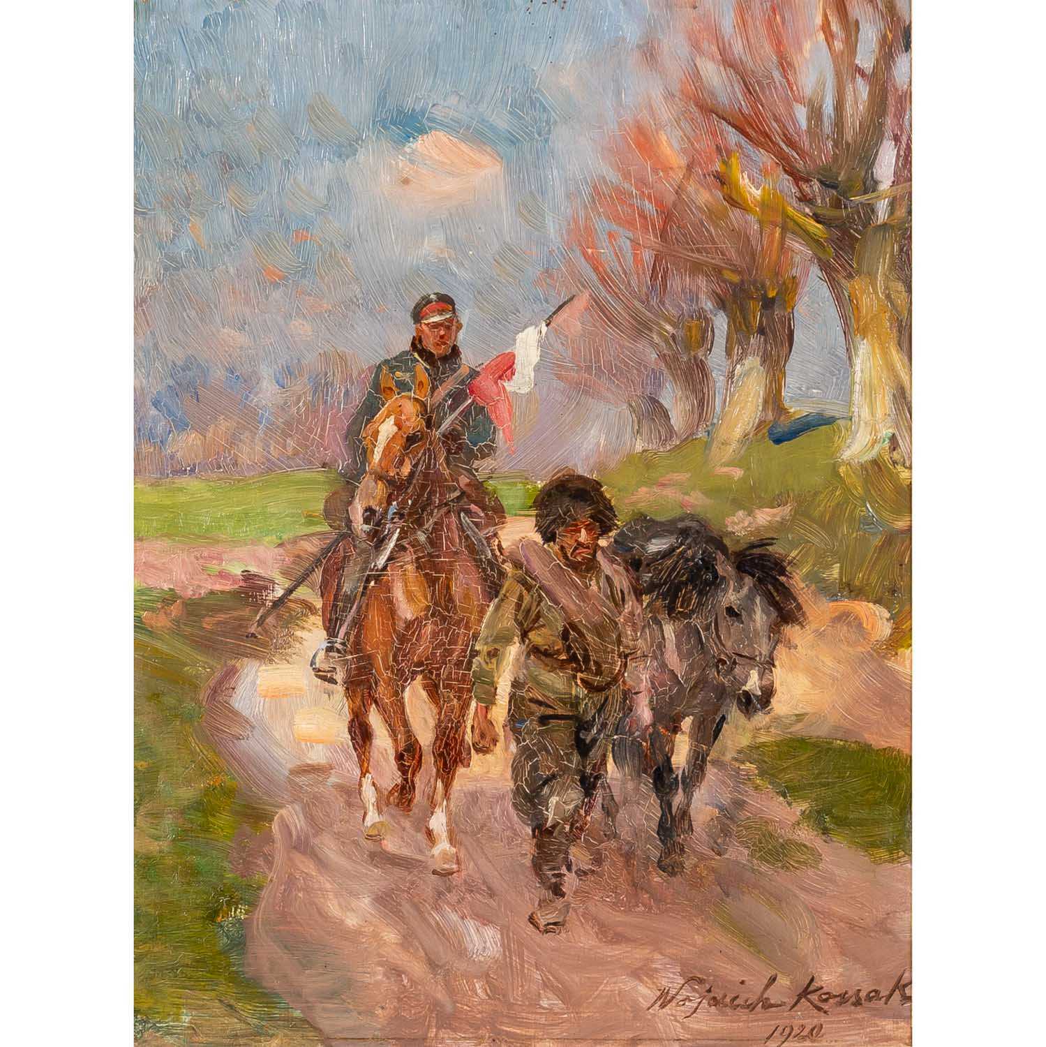 KOSSAK, WOJCIECH (painter of the 19th/20th century), "Soldier on horseback leading away a Cossack",