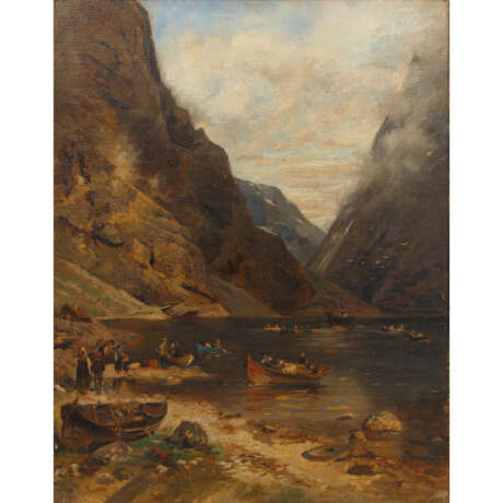 PAINTER/IN 19th century, "Boats crossing a mountain lake or fjord", - Foto 1