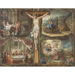 Painter of the Alpine region 18th century, "Crucifixion and four scenes from the life of Christ",