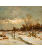 Désiré Thomassin. THOMASSIN, L. (?, artist 19th/20th c.), "Winter landscape with hunters at a brook",