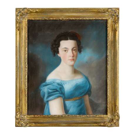 HERING (?, artist 1st half 19th c.), "Portrait of a young lady in blue empire dress", - photo 2