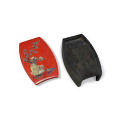A LACQUERED WOOD INK STONE AND EMBELLISHED STAND AND COVER