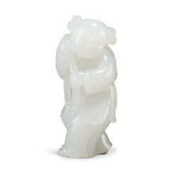 A WHITE JADE CARVING OF A BOY HOLDING A LOTUS STALK