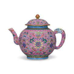 A PINK-GROUND FAMILLE ROSE TEAPOT AND COVER