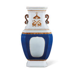 A MAGNIFICENT AND VERY RARE BLUE-GLAZED ENAMELLED OCTAGONAL VASE WITH RUYI HANDLES