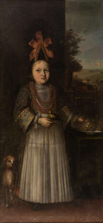 UNBEKANNTER MALER DES BAROCKS, Portrait eines Mädchens mit Hund und Vogel, Öl auf Leinwand, datiert - Foto 1
