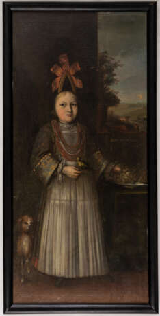 UNBEKANNTER MALER DES BAROCKS, Portrait eines Mädchens mit Hund und Vogel, Öl auf Leinwand, datiert - photo 2