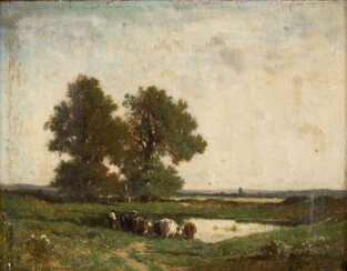 Félix Saturnin BRISSOT DE WARVILLE (1818-1892), Hirte mit Kühen in Landschaft, Öl auf Holz, signiert