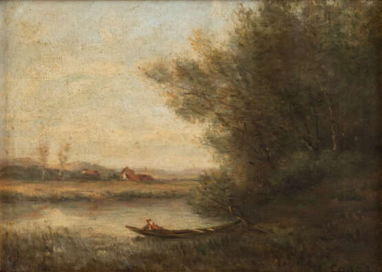 Camille Jean-Baptiste COROT (1796-1875), nach, Landschaft mit Boot am Fluss, Öl auf Leinwand, signie - photo 1