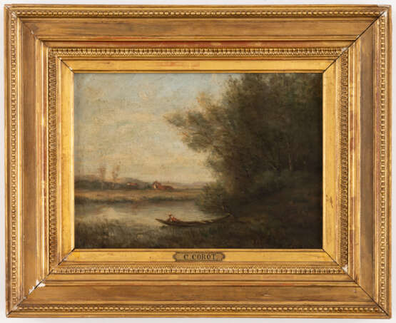 Camille Jean-Baptiste COROT (1796-1875), nach, Landschaft mit Boot am Fluss, Öl auf Leinwand, signie - Foto 2