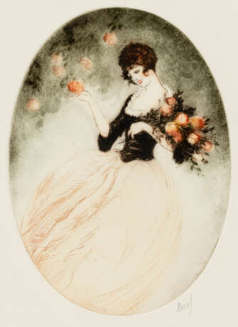 UNBEKANNTER KÜNSTLER, Elegante Damen mit Blumen, Farblithographie auf Papier, unleserlich signiert - Foto 1