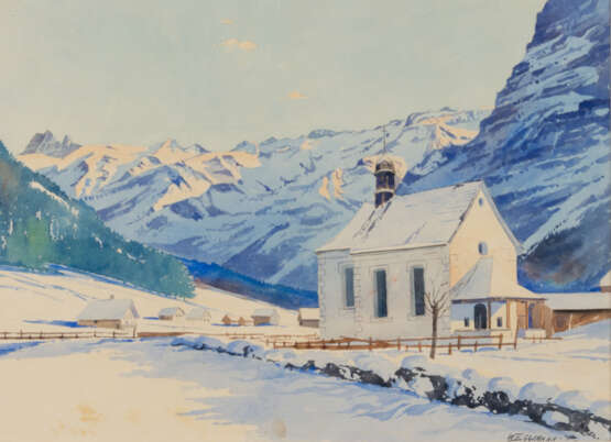 Walter EGGIMANN (1903-c.1940), Winter-Landschaft mit Kirche, Aquarell auf Papier, signiert - Foto 1
