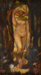 Kleophas BOGAILEI (1901-1989), Spazierende Nackte mit Hase an der Leine, Öl auf Holz, signiert