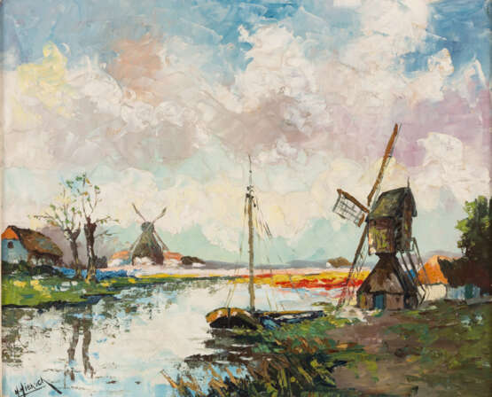 Herman HIENSCH (1912-1968), Landschaft mit Windmühlen, Öl auf Hartfaserplatte, signiert - photo 1