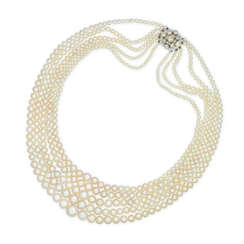 FIVE-STRAND NATURAL PEARL AND DIAMOND NECKLACE