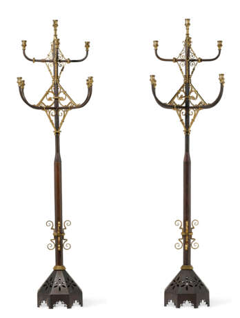 A LARGE PAIR OF REFORMED GOTHIC PATINATED-BRONZE AND BRASS TEN-LIGHT STANDING CANDELABRA - photo 2