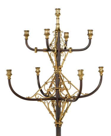 A LARGE PAIR OF REFORMED GOTHIC PATINATED-BRONZE AND BRASS TEN-LIGHT STANDING CANDELABRA - фото 3