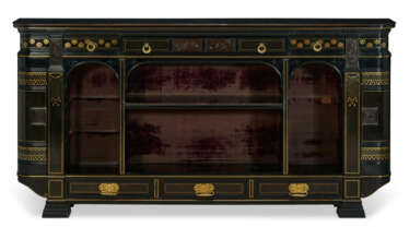 AN AMERICAN AESTHETIC MOVEMENT BRASS-INLAID AND EBONIZED CHERRYWOOD CABINET