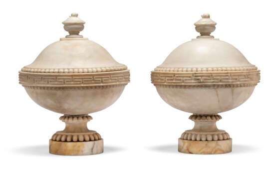 A PAIR OF ITALIAN ALABASTER LIDDED URNS - photo 2
