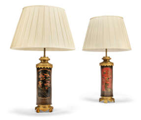 A PAIR OF FRENCH GILT-BRONZE-MOUNTED RED, GILT AND BLACK JAPANNED TABLE LAMPS