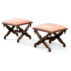 A PAIR OF CONTINENTAL SIMULATED-ROSEWOOD X-FRAME STOOLS