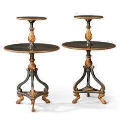 A PAIR OF REGENCY-STYLE EBONISED AND PARCEL-GILT TWO-TIER ETAGERES