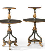 Ebonised. A PAIR OF REGENCY-STYLE EBONISED AND PARCEL-GILT TWO-TIER ETAGERES