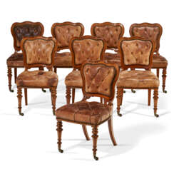 A SET OF EIGHT LATE VICTORIAN LEATHER-UPHOLSTERED MAHOGANY SIDE CHAIRS