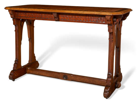 A GOTHIC REVIVAL BURL-WALNUT AND FRUITWOOD MARQUETRY CENTER TABLE - фото 1