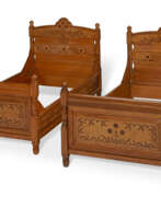 Эстетизм. THE JAMES GOODWIN AMERICAN AESTHETIC MOVEMENT INLAID AND BURL-ASH VENEERED OAK PAIR OF BEDSTEADS