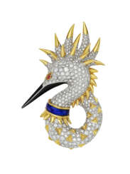 TIFFANY &amp; CO., JEAN SCHLUMBERGER DIAMOND, LACQUER, ENAMEL AND RUBY &#39;SEABIRD&#39; CLIP-BROOCH