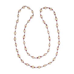 NO RESERVE | CULTURED PEARL, RUBY AND DIAMOND SAUTOIR