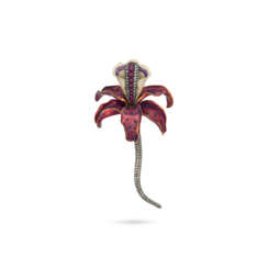 ENAMEL, RUBY AND DIAMOND ORCHID BROOCH
