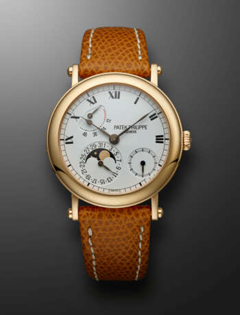 PATEK PHILIPPE, PINK GOLD WRISTWATCH WITH MOONPHASES AND OFFICIER-STYLE CASE, REF. 5054R-001 - photo 1