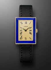 CARTIER, YELLOW GOLD RECTANGULAR WRISTWATCH WITH BLUE ENAMEL BEZEL