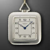 CARTIER, PLATINUM AND SAPPHIRE-SET SQUARE KEYLESS OPENFACE POCKET WATCH - фото 1