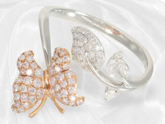 Ring: zierlicher moderner Brillantring "Butterfly", pinke und weiße Brillanten, neuwertig