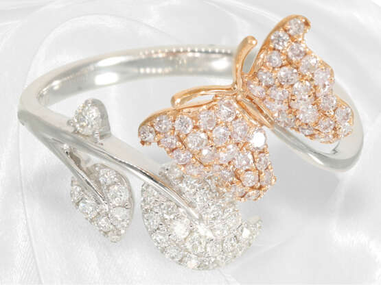 Ring: zierlicher moderner Brillantring "Butterfly", pinke und weiße Brillanten, neuwertig - Foto 4