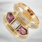 Ring: unikater Designerring mit pinkfarbenen Turmalinen und einem schönen Diamanten im Emerald-Cut, 14K Gold - photo 2