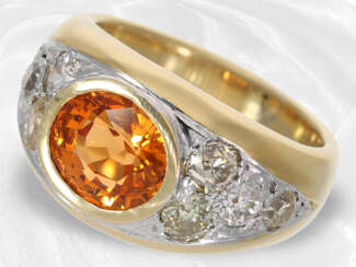 Ring: sehr solide gefertigter Goldschmiedering mit Altschliffdiamanten und großem Mandarin-Granat, ca. 1,9ct Diamanten