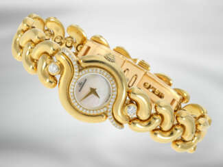 Armbanduhr: schwere und ehemals sehr teure Damenuhr aus dem Hause Jaeger Le Coultre, Modell "Seductrice" in 18K Gelbgold mit originalem Brillantbesatz, 90er-Jahre